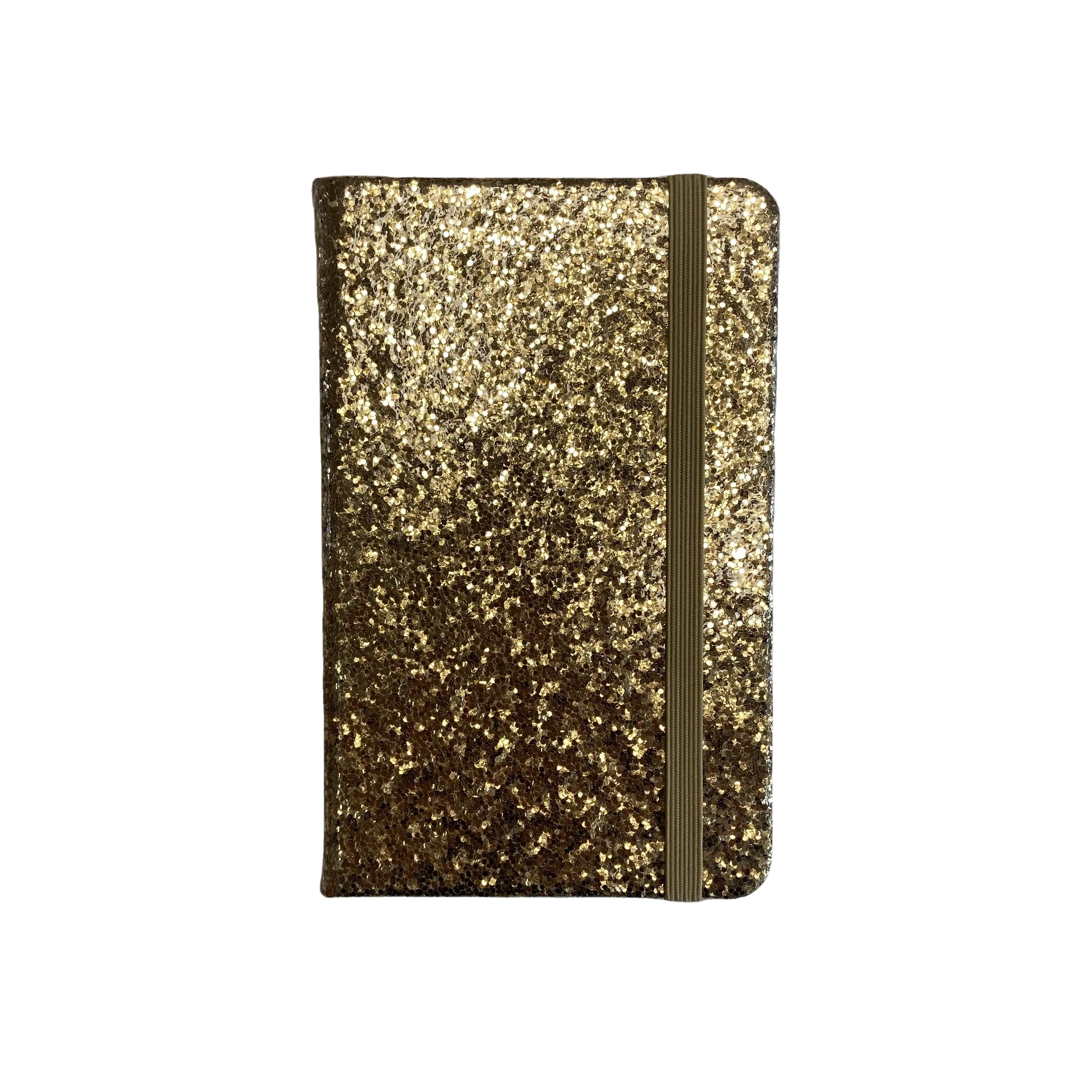 9*14Cm Groothandel Custom Goud Pu Glitter Hardcover Schetsboek Met Elastische Band En Geoliede Zilveren Rand