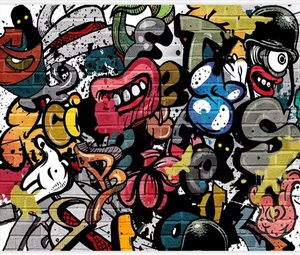 Papier peint <span class=keywords><strong>mural</strong></span> industriel avec motif de personnage de graffiti monstre et éléments musicaux, pour décoration de bar et mur d'arrière-plan de canapé - Product Image 3