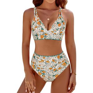 Ensemble bikini pour femmes, col en V, taille haute, maillot de bain deux pièces, imprimé floral, extensible - Product Image 1