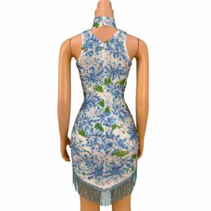 Novance Y4509 producto de venta azul diamantes de imitación borlas batas De cóctel flores impresas Vestidos De Gala Cortos escenario De concierto - Product Image 3