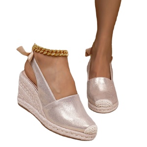 Sandales compensées pour femme à paillettes, bout ouvert, talon couvert, doublure PU, semelle extérieure en paille, à enfiler, rehaussantes, avec nœud décoratif, pour l'été - Product Image 1