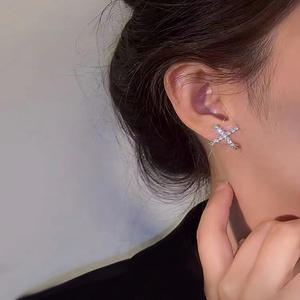 E2798 <b>White</b> <b>Gold</b> <b>Cross</b> Stud Earrings Diamond Round Brilliant Cut Prong Setting Unisex Religious Jewelry - Product Image 6