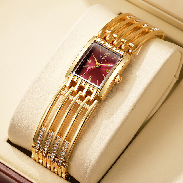 Vintage Watch for Woman: Rectangular Dial Bangle-Style Strap Elegant Retro Gold Ladies Wrist Watch