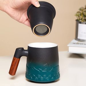 Embossed Gradient Large Ceramic Coffee Mug <strong>Set</strong> With Infuser and Lid Loose Steeping <strong>Teacup</strong> <strong>Set</strong> Ceramic Mug - Product Image 2