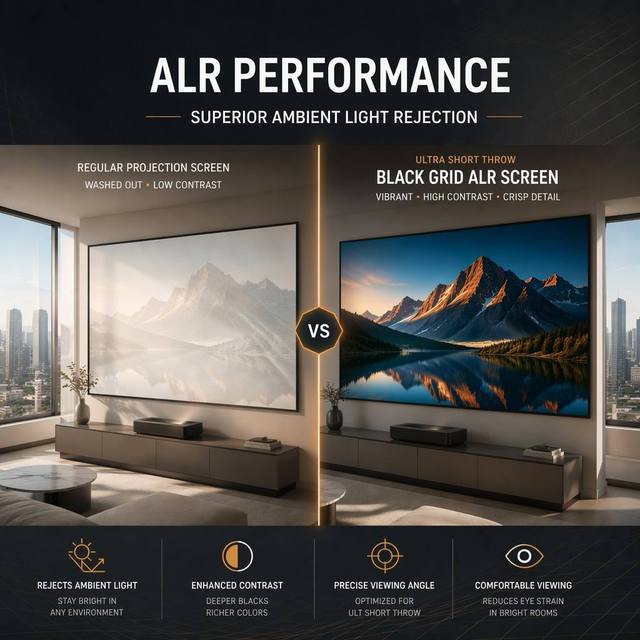 120/150 Inch 16:9 Ultra Short Throw Black Grid / CLR Anti-Light Fixed Frame Wall-Mounted Projector Screen, Support 8K UHD