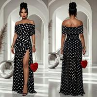 Robe longue sexy à pois pour femme, épaules dénudées, fente haute, plissée, froncée, ajustée aux hanches, pour les fêtes, noir et blanc, vente en gros, personnalisable OEM