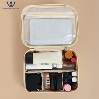 Sac de maquillage portable de voyage en PU de grande capacité, couleur unie, avec logo personnalisé pour femme, vente en gros