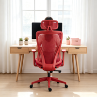 Chaise de bureau ergonomique moderne rouge en maille, dossier haut, appui-tête réglable, support lombaire, pivotante, pour espace de travail créatif