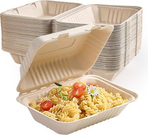 Contenedores de Alimentos Desechables Biodegradables Libres de PFAS, de 9x6 Pulgadas, de Bagazo, Tipo Clamshell, para Llevar, Venta al Por Mayor - Product Image 1