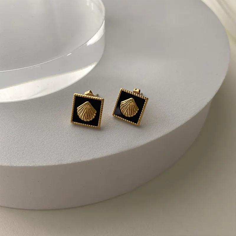 10mm 18K Gold Plated Square Black Acrylic Shell Earrings Cameo Stainless Steel Earrings for Women French Vintage Bohemia Jewelry