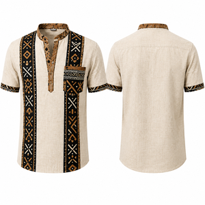 เสื้อเชิ้ตแอฟริกันสำหรับผู้ชาย ลายชนเผ่า แขนสั้น คอจีน ผ้าฝ้ายลินิน เสื้อลำลองสำหรับงานปาร์ตี้และเทศกาล รับสกรีนโลโก้ - Product Image 2