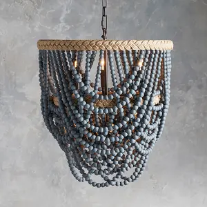 Lustre de madeira com contas, luminária pendurada antiga boho, luminária de madeira para o quarto, cozinha, ilha, sala de estar