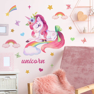 Autocollant mural <span class=keywords><strong>en</strong></span> PVC amovible et auto-adhésif, dessin animé <span class=keywords><strong>licorne</strong></span> <span class=keywords><strong>arc</strong></span>-<span class=keywords><strong>en</strong></span>-<span class=keywords><strong>ciel</strong></span> papillon étoiles, décoration de chambre à coucher et de salon - Product Image 4