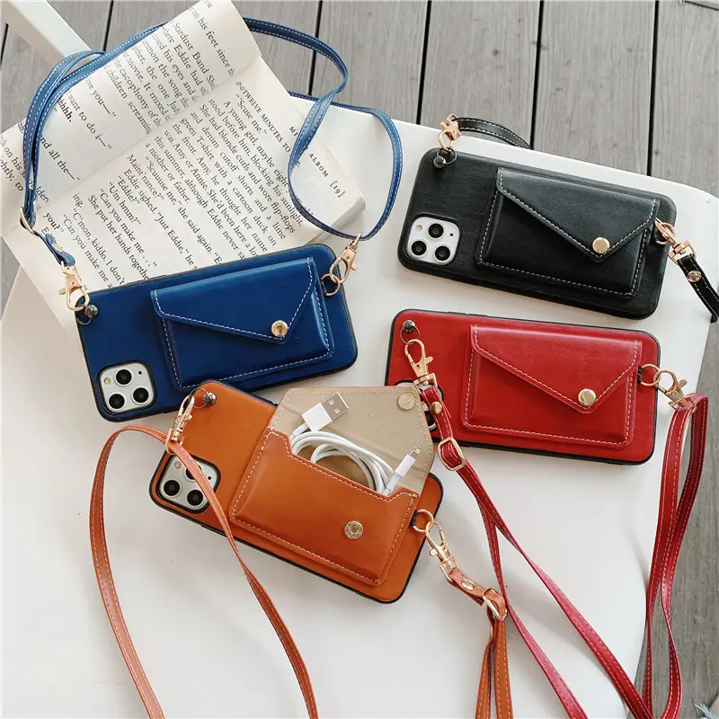 Hot Sale Leather Wallet Card Slot Phone Case for iPhone 14 Girls Fashion Crossbody Strap Cover for iPhone 13 12 11 X XR XS MAX