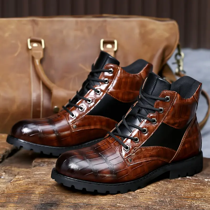 Botas de piel de cocodrilo pintadas a mano para hombre, zapatos masculinos de lujo, estilo informal, a la moda, color negro
