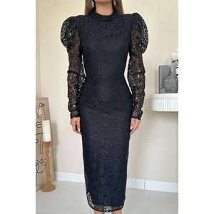 ชุดเดรสลูกไม้สีดำหรูหรา คอสูง แขนพอง ซ้อนชั้นโปร่งแสง สไตล์วินเทจ สำหรับงานกลางคืน - Product Image 1