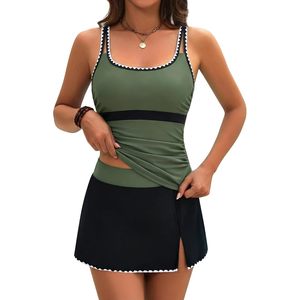 Women's Tankini Swimsuit Two Piece Set <b>Tummy</b> <b>Control</b> Modest Swim Skirt Color Block Square Neck Contrast Binding Spandex - Product Image 1