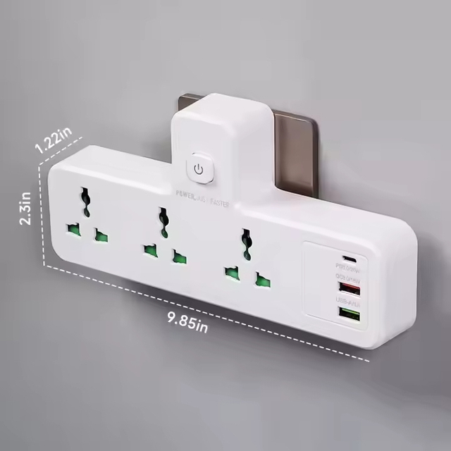 Universal Wall Mounted Power Strip:3 AC Outlets +2 USB +1Type-C Port, UK/US/EU Plugs, Individual Switches for Home and Office