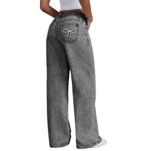 <span class=keywords><strong>Pantaloni</strong></span> da <span class=keywords><strong>donna</strong></span> a vita alta a gamba dritta con ricamo a fiocco e bottoni, stile dolce e di tendenza, in denim casual ampio, tinta unita - Product Image 5