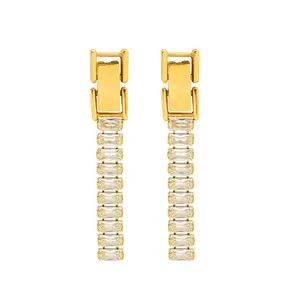 Wholesale Custom Fashion Jewelry 18K Gold Stainless Steel Belt Buckle Earrings Tennis Long Zircon Ear Chain Earrings For Women