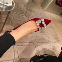 Escarpins en velours à bout pointu et talon aiguille pour femme, grandes tailles 33-43, avec boucle carrée en strass, pour mariage et soirée