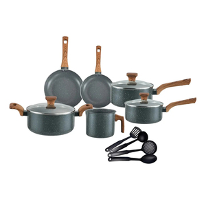 Non Stick 13-Piece Forged Ceramic Marble Coated Pot <b>Pan</b> Glass <b>Lids</b> Wooden Soft touch Handles Aluminium Cookware Set - Product Image 1