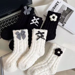 Women's Fleece Lined Thick Mid Calf <b>Socks</b> With Bow And Flower Warm <b>Winter</b> Black White Coral Fleece <b>Socks</b> - Product Image 2