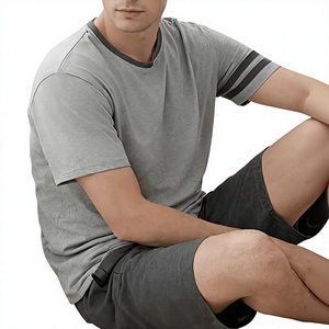 Men Solid Gray Crew Neck T-Shirt Set Knitted Breathable Short Sleeve Casual Summer Outfit Dark Gray Shorts Polyester/Cotton 180g - Product Image 2