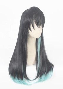 Commercio all'ingrosso 70cm lungo rettilineo Demon Slayer <span class=keywords><strong>parrucca</strong></span> nero <span class=keywords><strong>verde</strong></span> chiaro misto Tokitou Muichirou sintetico Anime parrucche Cosplay - Product Image 5