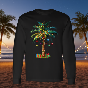Camiseta de manga larga con diseño de palmera navideña tropical con luces y regalos - Product Image 3