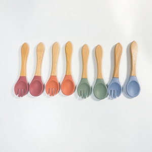 BPA-Free 1 Pak sendok makan bayi kayu dengan ujung silikon untuk menyapih - Product Image 3