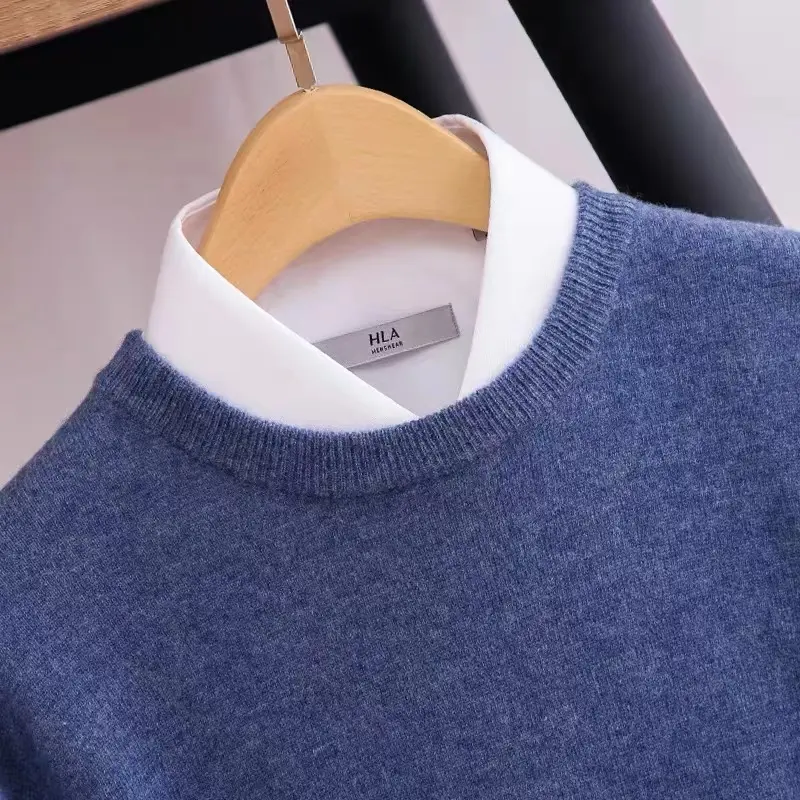 Winter Crew Neck 100%Cashmere Blank Knitted Casual Plain Pullover Long Sleeve Men's Sweaters