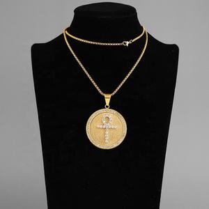 Collar con Colgante Amuleto Ankh Egipcio, Joyería Brillante de Circonita Cúbica con Diamantes, Cadena de Acero Inoxidable con Moneda Redonda - Product Image 4