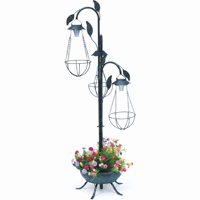 Support de Jardinière Solaire 3 Paniers 3 Lumières avec Paniers en Fibre de Coco Suspendus, Cadre en Fer Thermolaqué, Décoration Quotidienne pour Jardin et Patio
