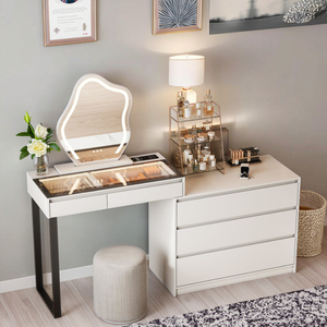 Factory Direct Glass Top <b>Makeup</b> Vanity Dressing Tables <b>with</b> <b>LED</b> <b>Lights</b> Cloud-Shaped <b>Mirror</b> and Charging Station - Product Image 1