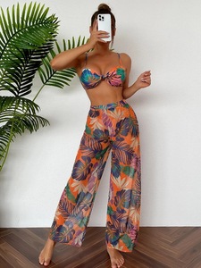 2025 New European and American Sexy Bikini Mesh Long <strong>Pants</strong> Three Piece Set Split Women's Swimsuit