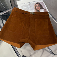 Shorts en cuir pour femme, style streetwear d'été, en cuir d'agneau véritable, suède marron