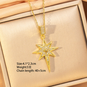 Collier ras du cou en cuivre plaqué or véritable 18 carats avec pendentif étoile en zircone, chaîne en acier titane, micro-pavé, élégant, léger, luxueux, tendance pour femmes - Product Image 2