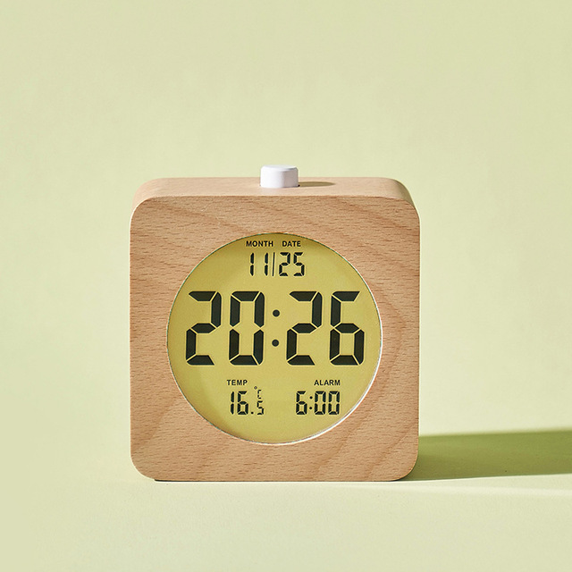 Nordic Style Solid Wood Handmade Alarm Clock with Multi-Function LCD Electronic Clock 2106