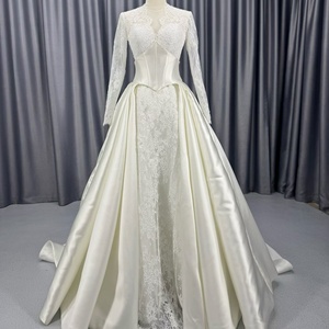 Lscm115 Elegante Vestido de Novia Dos en Uno con Corsé de Satén y Mangas de Encaje Color Marfil, Falda Sirena y Sobrefalda Desmontable en Línea A, Jancember - Product Image 6