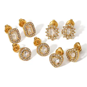 Geometric Shape Cubic Zirconia Stainless Steel 18K Gold Plated Diamond Stud Earrings For Ladies