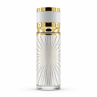 Flacon de parfum vide en gros 250 ml en verre cylindrique blanc avec bouchon doré, étiquette à motif filigrane, atomiseur de luxe rechargeable