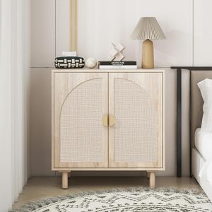 Buffet de rangement en rotin, armoire d'appoint à 2 portes en cannage, credenza en bois style <span class=keywords><strong>bohème</strong></span>, idéal pour le salon et la cuisine - Product Image 1