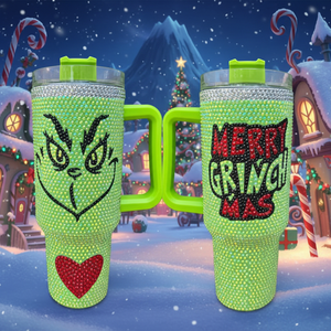 Nuevos Vasos Personalizados de Navidad con Diseño de <span class=keywords><strong>Grinch</strong></span>, Decorados con Pedrería, de Acero Inoxidable de 40 oz, con Cara de <span class=keywords><strong>Grinch</strong></span> Verde - Product Image 1