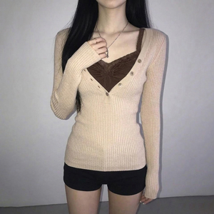 Color Block Lace Trim <b>V</b> <b>Neck</b> Knit Top, Long Sleeve <b>Women's</b> <b>T</b> <b>Shirt</b>, Patchwork Retro Top, Y2K Vintage Casual Fashion - Product Image 1