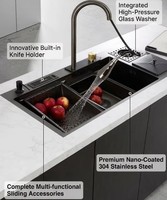 Évier de cuisine intelligent en acier inoxydable 304 noir nano, grand bac unique avec lave-tasses et poubelle intégrée pour la maison, vente en gros OEM