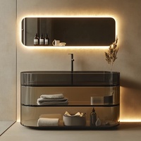 Meuble de salle de bain moderne de luxe avec dessus en marbre de Carrare en bois massif, tiroirs de rangement laqués foncés, miroir, équipement de salle de bain, armoire