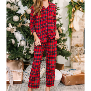 Kids Button Down Tartan Twith Pijamas Set Família Véspera De Natal Xadrez Print Combinando Pijama Set Meninas Tartan Xadrez Pijama Set - Product Image 4