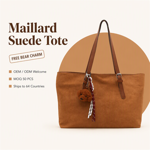 Vintage braune PU-Leder-Tragetasche mit trendiger Wildleder-Textur, Schulterhandtasche, Bären-Charm, Reißverschluss, individuelles Logo - Product Image 1