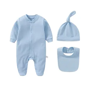 New Hot Sales Organic Cotton Comfortable Solid Newborn Baby Rompers Set With Bib Hat